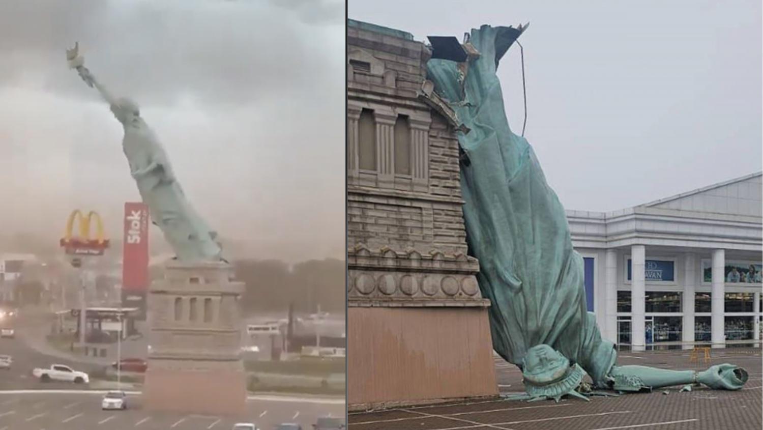 Strong Wind Damages 40-Meter Statue Of Liberty In Brazil; Toppled